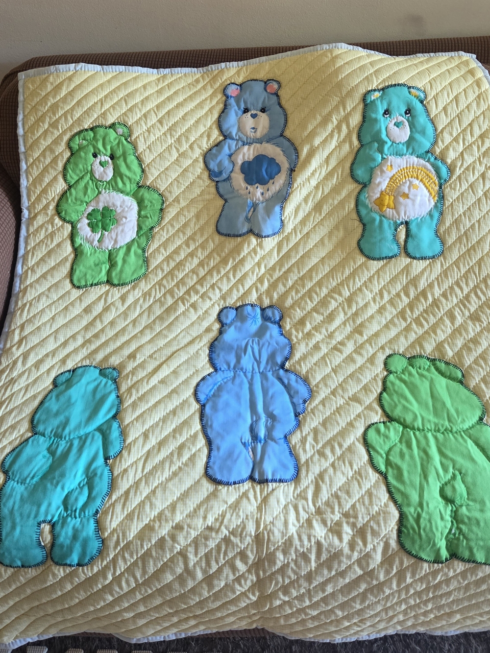 Vintage Handmade Baby Cotton Applique Quilt Blanket, Carebear Inspired